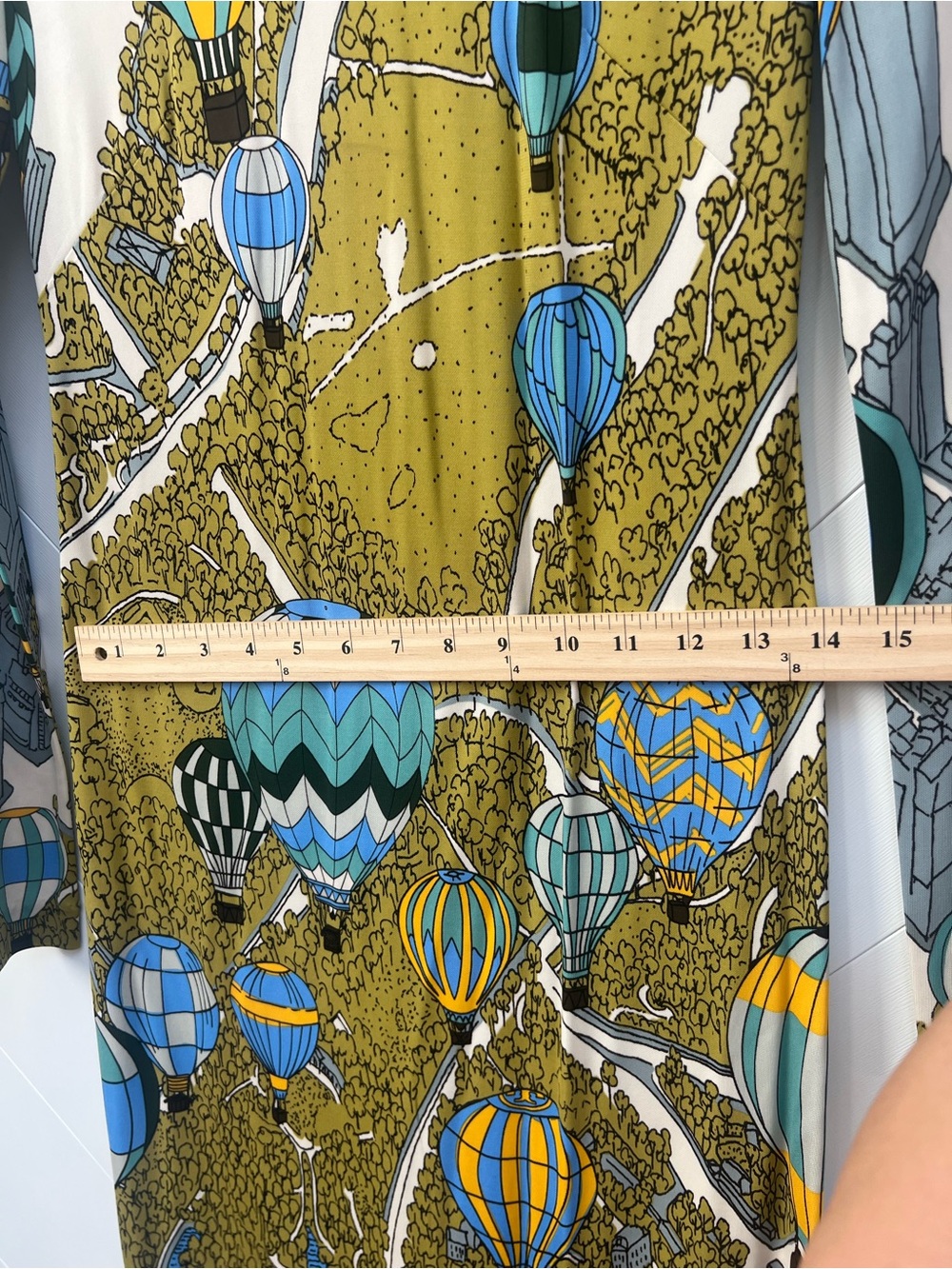 Tory Burch Olive Green Maxi Dress with Blue & Yellow Hot Air Balloon Print